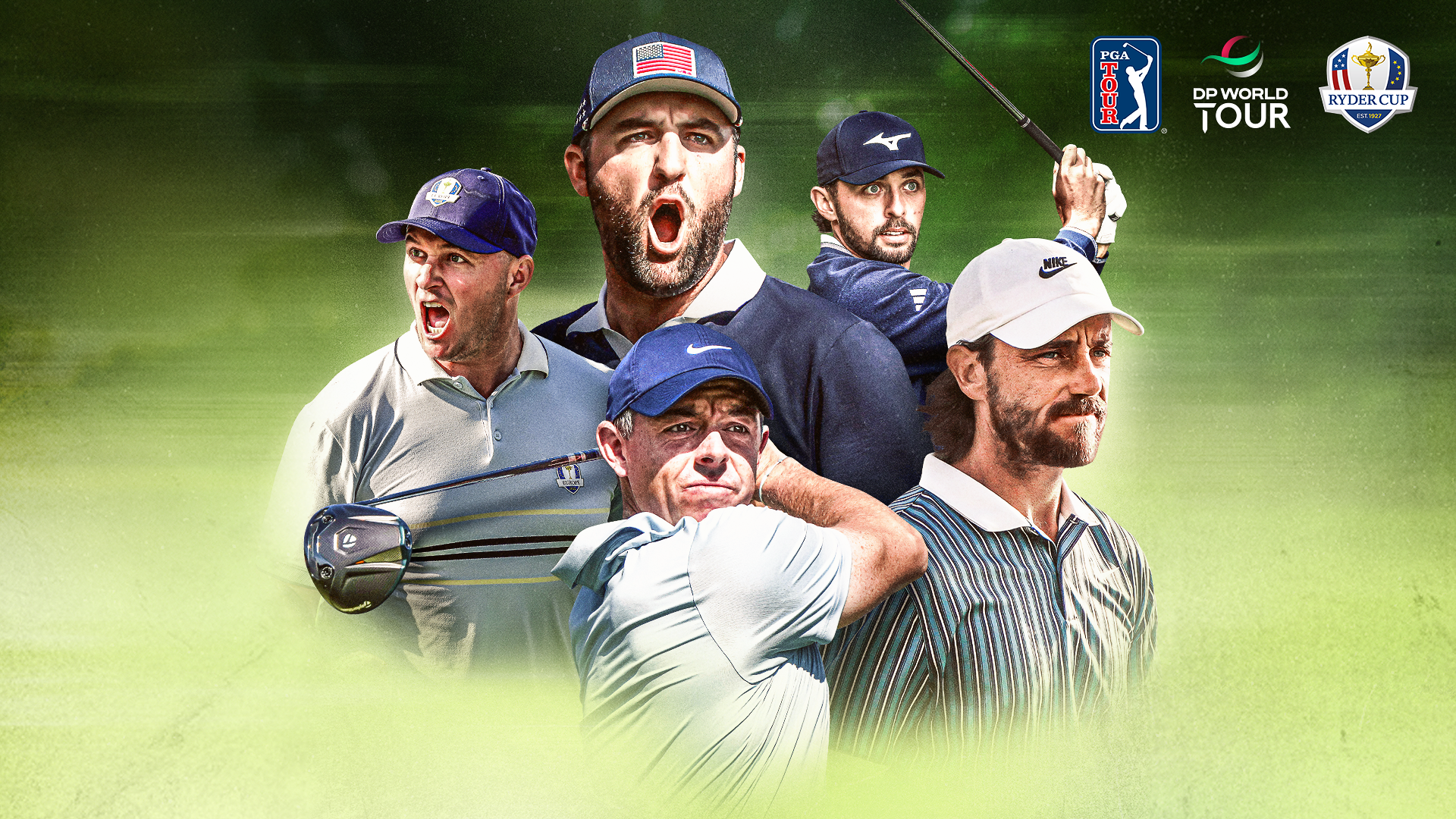 Werbegrafik mit verschiedenen Spielern der DP World Tour und PGA Tour.